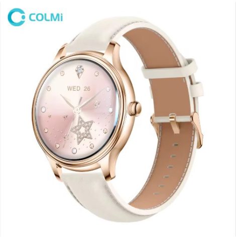 Colmi L28 okosóra szilikon + bőr szíjjal, 1,32" AMOLED kijelző, bluetooth hívás, IP67 vízállóság, rose gold / bézs, fehér