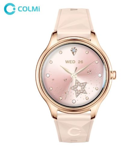 Colmi L28 okosóra szilikon + bőr szíjjal, 1,32" AMOLED kijelző, bluetooth hívás, IP67 vízállóság, rose gold / bézs, fehér