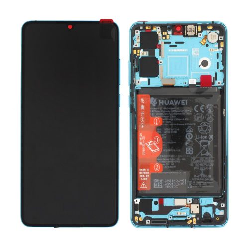 Huawei P30 gyári LCD + érintőpanel kék (Aurora blue) kerettel, akkumulátorral