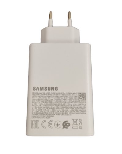 Samsung hálózati gyors töltőfej, 2xType-C / 1xUSB, 65W, fehér, EP-T6530 (csomagolás nélküli)