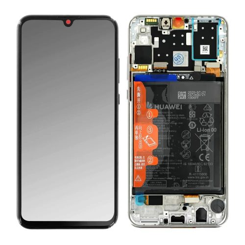 Huawei P30 Lite (2020) gyári LCD + érintőpanel fehér (Pearl white) kerettel, akkumulátorral