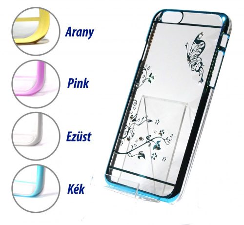 iPhone 6 6S Plus (5,5") ezüst pillangó mintás, köves műanyag tok
