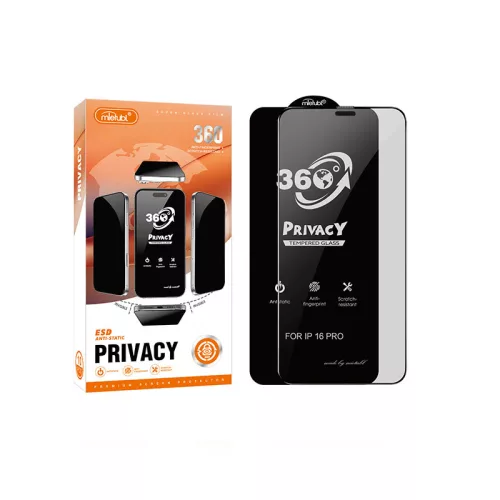 iPhone 15 Pro Max előlapi üvegfólia, HD edzett, hajlított, fekete keret, betekintés védelem, Full Glue, Mletubl Privacy 360°