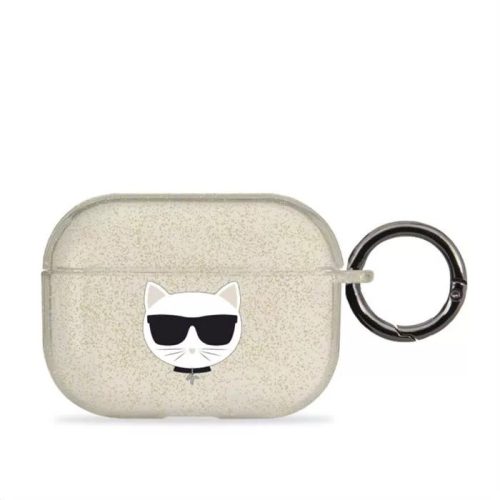 Karl Lagerfeld Airpods Pro "Choupette Head" mintás arany csillámos átlátszó szilikon tok akasztóval