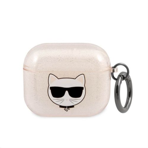 Karl Lagerfeld Airpods 3 "Choupette Head" mintás arany csillámos átlátszó szilikon tok akasztóval