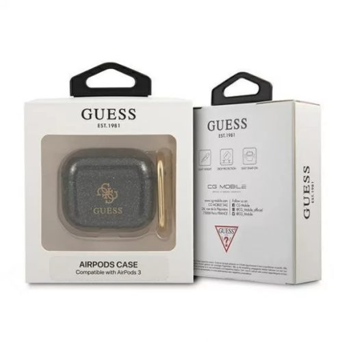 Guess 4G Airpods 3 fekete csillámos szilikon tok akasztóval