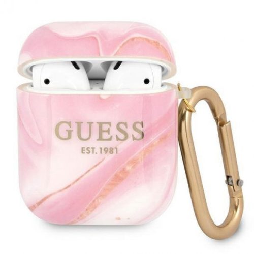 Guess TPU Airpods / AirPods2 pink márványos szilikon tok akasztóval