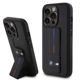   iPhone 15 Pro (6,1") hátlap tok, PU, kitámasztható, fekete, BMW M Grip Stand Tricolor Line (BMHCP15L22GSLK)
