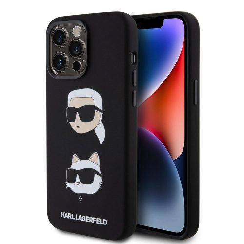 iPhone 15 Pro Max (6,7") hátlap tok, szilikon, fekete, Karl Lagerfeld Liquid Silicone Karl and Choupette Heads (KLHCP15XSDHKCNK)