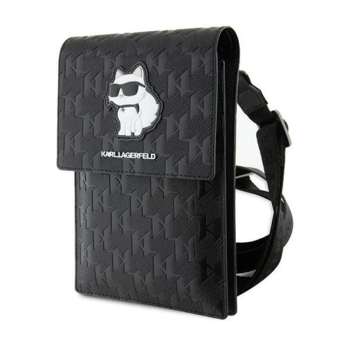 Telefon tartó táska vállpánttal, EKO bőr, fekete, Karl Lagerfeld Saffiano Monogram Choupette (KLWBSAKHPCK)
