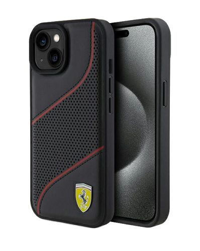 iPhone 15 (6,1") hátlap tok, PU bőr, fekete, Ferrari Perforated Slanted Line (FEHCP15SPWAK)