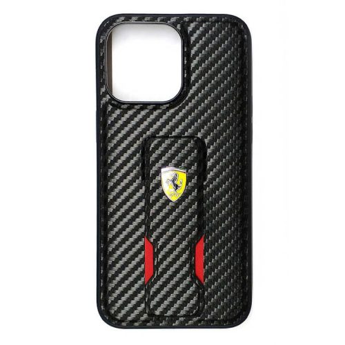 iPhone 15 Pro (6,1") hátlap tok, PU, carbon mintás, kitámasztható, fekete, Ferrari Grip Stand (FEHCP15LGSNCAK)