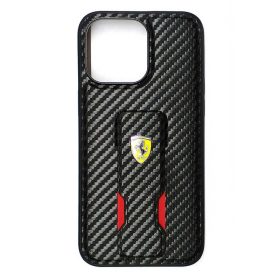   iPhone 15 Pro Max (6,7") hátlap tok, PU, carbon mintás, kitámasztható, fekete, Ferrari Grip Stand (FEHCP15XGSNCAK)