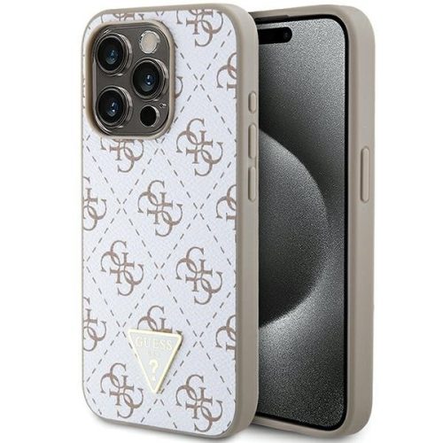 iPhone 15 Pro Max (6,7") hátlap tok, PU, bézs/fehér, GUESS Triangle Metal Logo (GUHCP15XPG4GPH)