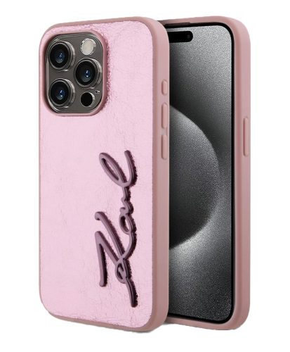 iPhone 15 Pro Max (6.7") hátlap tok, PU, rózsaszín, Karl Lagerfeld Wrinkled PU Signature Logo