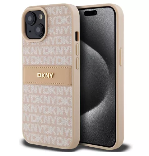iPhone 14 Pro (6.1") hátlap tok, PU / PU bőr, mintás, barackvirág-bézs, DKNY PU Leather Repeat Pattern Tonal Stripe