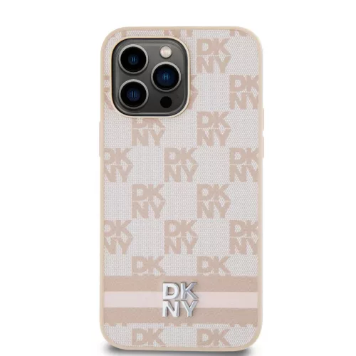 iPhone 14 Pro Max (6.7") hátlap tok, PU / PU bőr, mintás, barackvirág-bézs, DKNY PU Leather Checkered Pattern and Stripe
