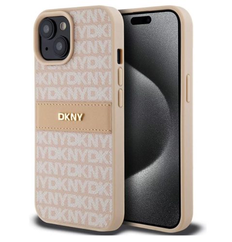 iPhone 15 Pro (6.1") hátlap tok, PU / PU bőr, mintás, barackvirág-bézs, DKNY PU Leather Repeat Pattern Tonal Stripe