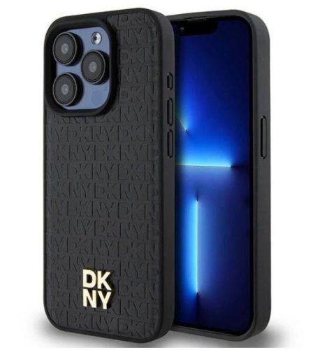 iPhone 15 Pro (6.1") hátlap tok, PU műbőr, fekete, magsafe, DKNY PU Leather Repeat Pattern Stack Logo Magsafe