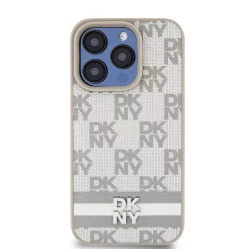 iPhone 15 Pro Max (6.7") hátlap tok, PU / PU bőr, mintás, szürke, DKNY PU Leather Checkered Pattern and Stripe