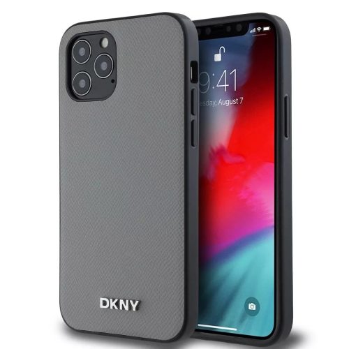 iPhone 15 (6.1") hátlap tok, PU bőr, magsafe, szürke, DKNY PU Leather Silver Metal Logo Magsafe