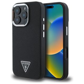   iPhone 16 Pro (6.3") hátlap tok, PU, magsafe, fekete, GUESS PU Grained Triangle Logo