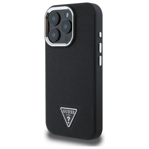iPhone 16 Pro (6.3") hátlap tok, PU, magsafe, fekete, GUESS PU Grained Triangle Logo