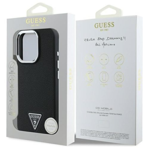 iPhone 16 Pro (6.3") hátlap tok, PU, magsafe, fekete, GUESS PU Grained Triangle Logo