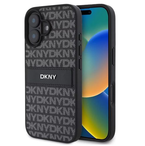 iPhone 16 (6.1") hátlap tok, PU / PU bőr, mintás, fekete, DKNY PU Leather Repeat Pattern Tonal Stripe