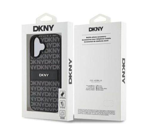 iPhone 16 (6.1") hátlap tok, PU / PU bőr, mintás, fekete, DKNY PU Leather Repeat Pattern Tonal Stripe