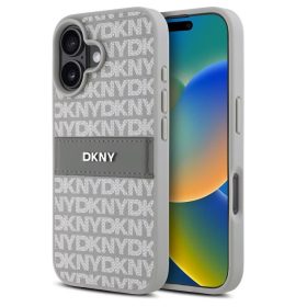   iPhone 16 (6.1") hátlap tok, PU / PU bőr, mintás, szürke, DKNY PU Leather Repeat Pattern Tonal Stripe
