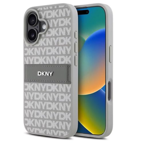 iPhone 16 (6.1") hátlap tok, PU / PU bőr, mintás, szürke, DKNY PU Leather Repeat Pattern Tonal Stripe