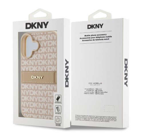 iPhone 16 (6.1") hátlap tok, PU / PU bőr, mintás, barackvirág-bézs, DKNY PU Leather Repeat Pattern Tonal Stripe