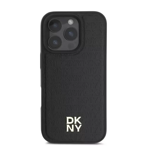 iPhone 16 Pro (6.3") hátlap tok, PU műbőr, magsafe, fekete, DKNY PU Leather Repeat Pattern Stack Logo MagSafe