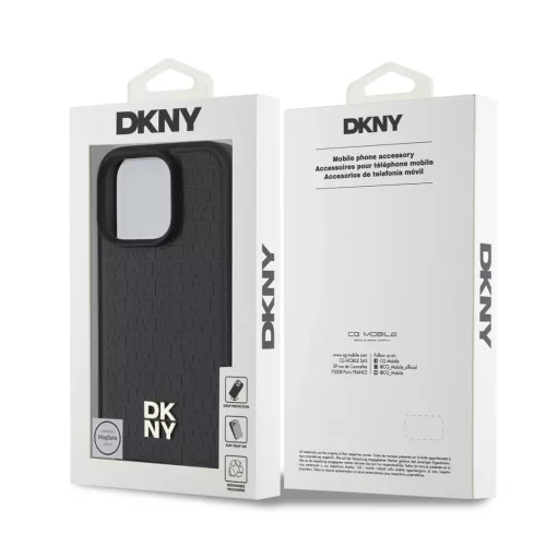 iPhone 16 Pro (6.3") hátlap tok, PU műbőr, magsafe, fekete, DKNY PU Leather Repeat Pattern Stack Logo MagSafe