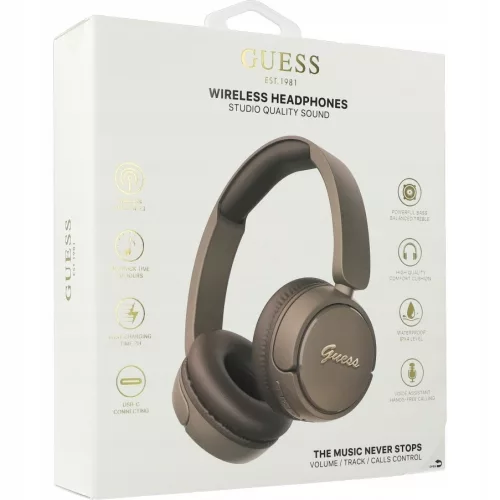 GUESS Script Metal Logo vezeték nélküli fejhallgató, BT5.3, IPX4, barna, GUBHV6SCW