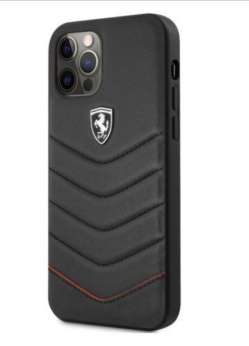 Ferrari "Off Track Leather" iPhone 12 Pro Max (6,7") fekete bőr hátlap tok piros csíkkal