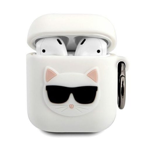 Karl Lagerfeld Airpods / Airpods 2 "Choupette Head" mintás fehér szilikon tok akasztóval