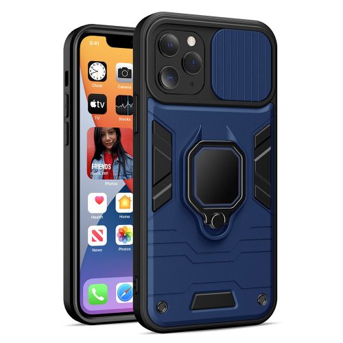 iPhone 11 Pro (5.8") ütésálló hátlap tok, PC / TPU tok, kamera védővel, kék-fekete, kitámaszható, Ring Lens