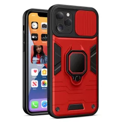   iPhone 13 Pro (6.1") ütésálló hátlap tok, PC / TPU tok, kamera védővel, piros-fekete, kitámaszható, Ring Lens
