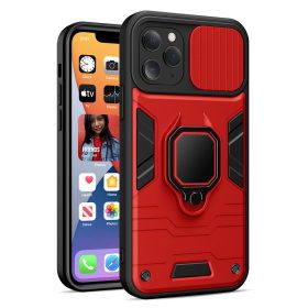   iPhone 13 Pro Max (6.7") ütésálló hátlap tok, PC / TPU tok, kamera védővel, piros-fekete, kitámaszható, Ring Lens