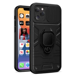   Samsung Galaxy A73 ütésálló hátlap tok, PC / TPU tok, kamera védővel, fekete, kitámaszható, SM-A736, Ring Lens