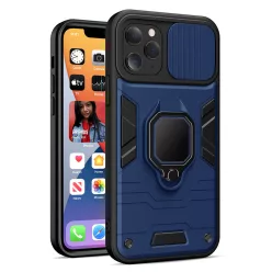   Samsung Galaxy S23 Plus ütésálló hátlap tok, PC / TPU tok, kamera védővel, kék-fekete, kitámaszható, SM-S916, Ring Lens
