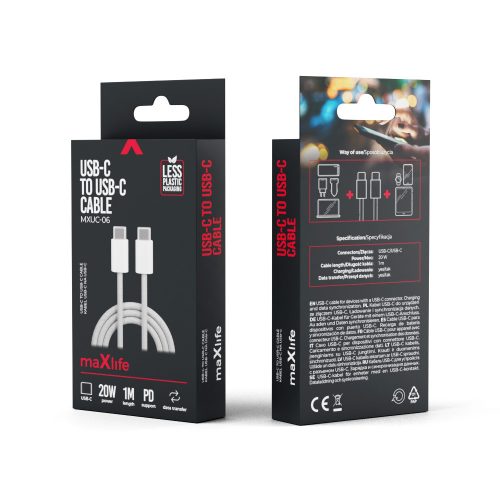 Type-C - Type-C adatkábel, nylon fonott, világos szürke, 1M, 20W, Maxlife MXUC-06