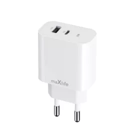   Univerzális hálózati gyors töltőfej, 1xType-C / 1xUSB, 25W, fehér, Maxlife MXTC-06-25AC