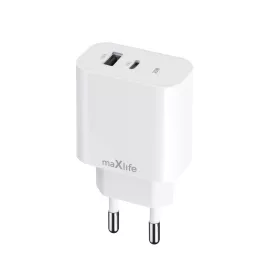   Univerzális hálózati gyors töltőfej, 1xType-C / 1xUSB, 25W, fehér, Maxlife MXTC-06-25AC