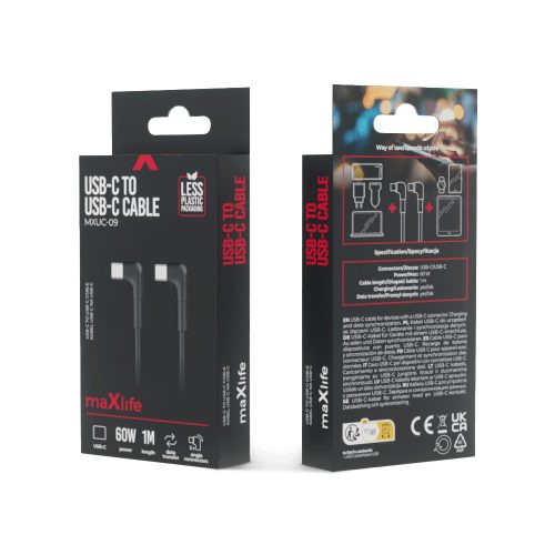 Type-C - Type-C gyorstöltő adatkábel, ferde kábel, 60W, 1M, fekete, Maxlife MXUC-09