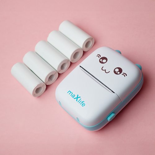 Hordozható vezeték nélküli hőnyomtató, BT4.0, fekete-fehér nyomtatás, kék, MXTP-100 + 10 db nyomtatótekercs