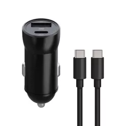   Szivartöltő fej 1xType-C / 1x USB csatlakozó, Type-C - Type-C kábel, PD3.0 / QC / 20W, 0.7M, fekete, Maxlife MXCC-04-20AC