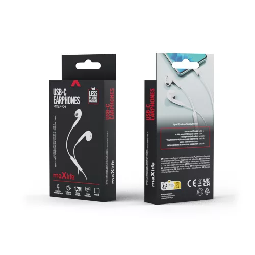 Stereo headset Type-C csatlakozóval, hangerőszabályzós / mikrofonnal, fehér, Maxlife MXEP-04